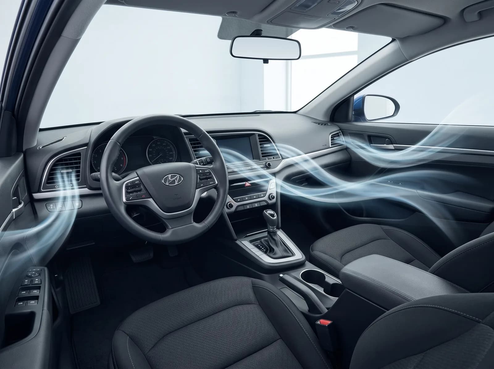 Clean fresh air flowing from the dashboard vents through a car cabin after a chlorine dioxide treatment