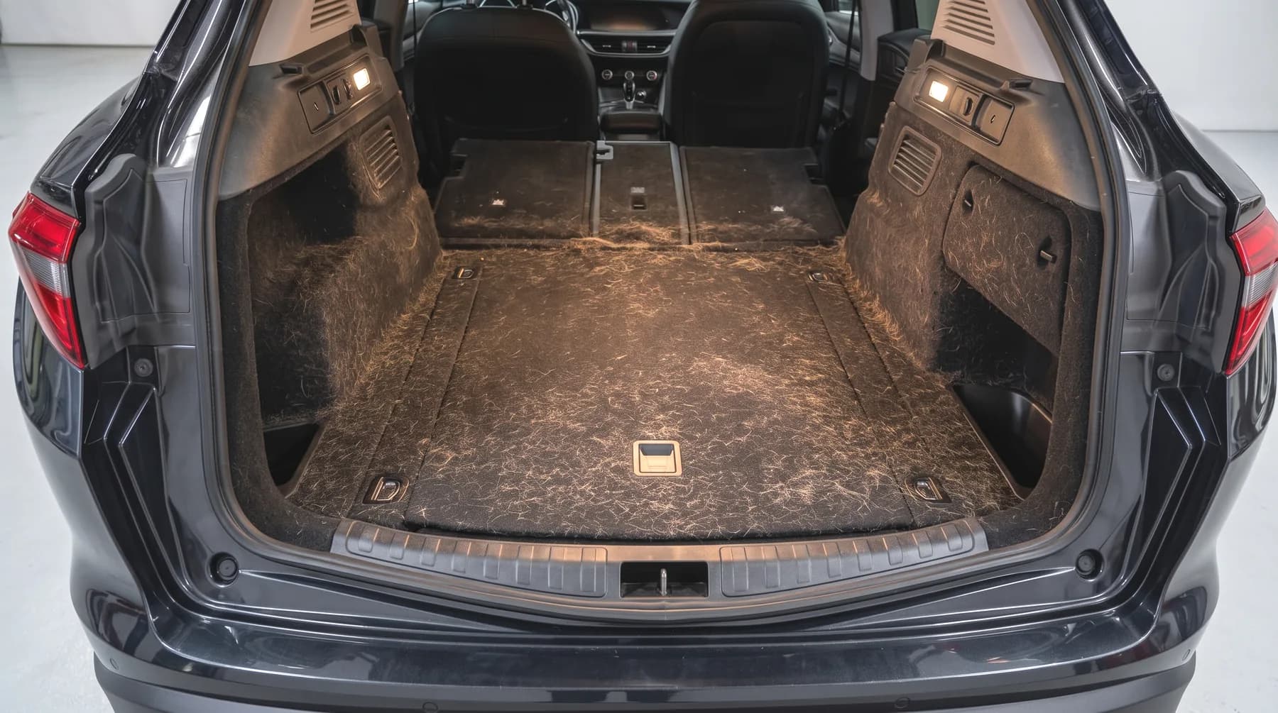 SUV cargo area covered in embedded pet hair before professional pet hair removal in Montreal